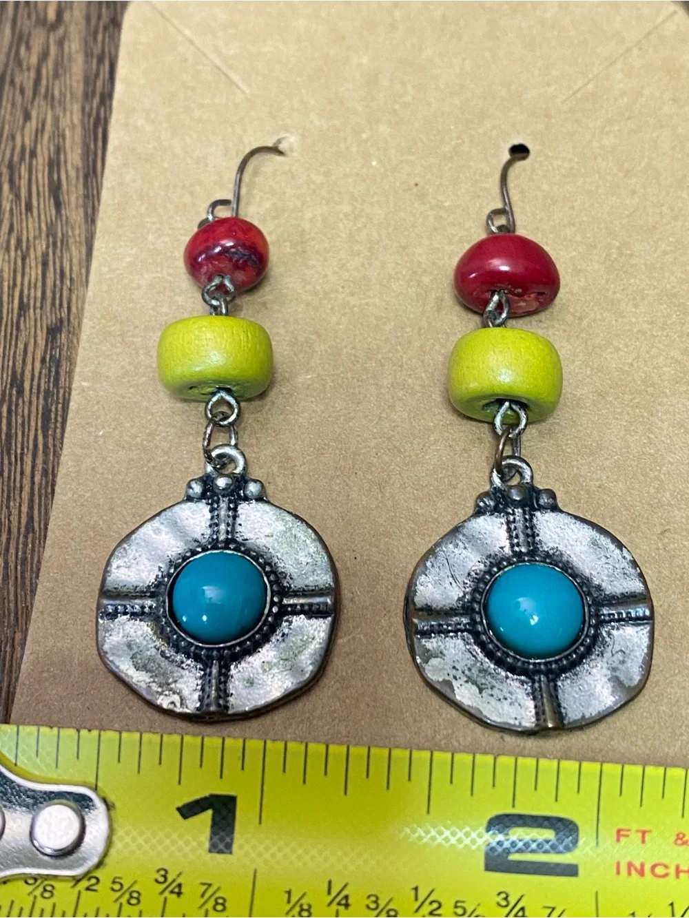 Boho Turquoise Medallion Drop Earrings with Red and Yellow Beads